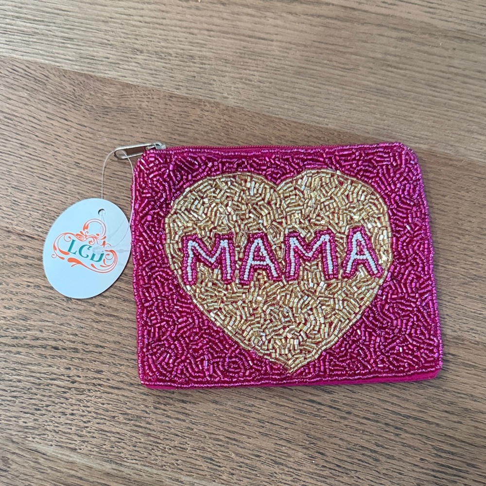 Pink & Gold 'MAMA' Beaded Wristlet Pouch